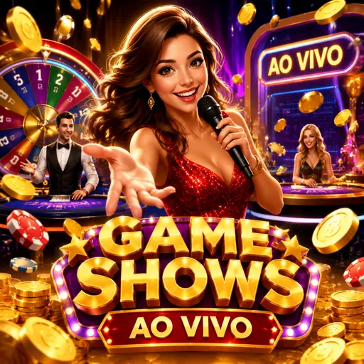 Palco de game show ao vivo com roda de prêmios gigante e apresentador